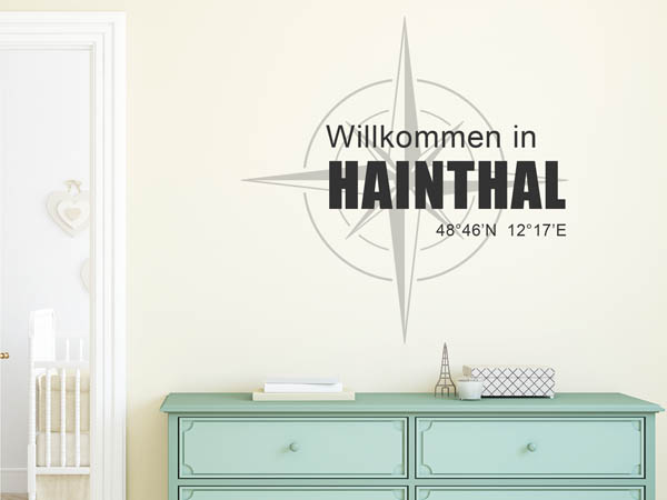Wandtattoo Willkommen in Hainthal mit den Koordinaten 48°46'N 12°17'E