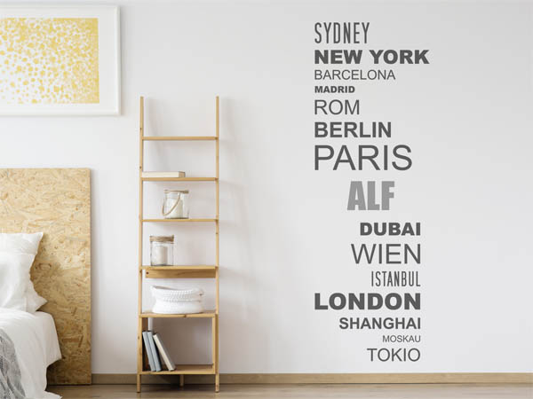 Wandtattoo Alf mit Weltstädten