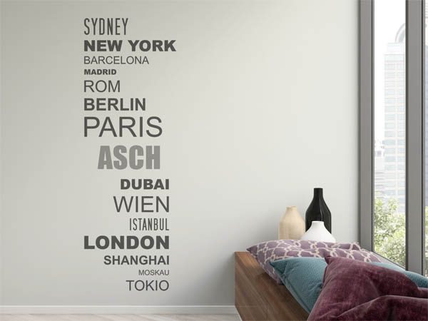 Wandtattoo Asch mit Weltstädten