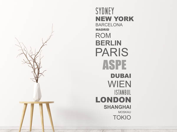 Wandtattoo Aspe mit Weltstädten