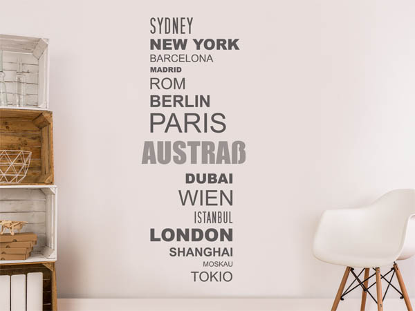 Wandtattoo Austraß mit Weltstädten