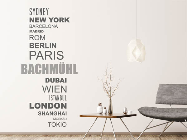 Wandtattoo Bachmühl mit Weltstädten