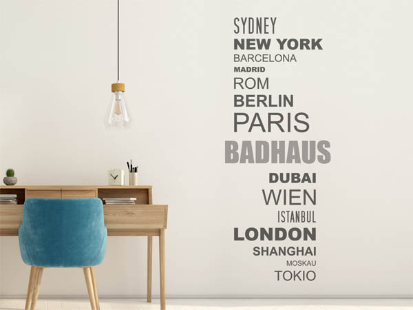 Wandtattoo Badhaus mit Weltstädten