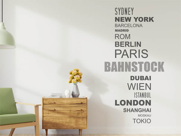 Wandtattoo Bahnstock mit Weltstädten