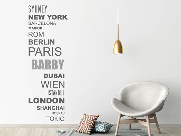 Wandtattoo Barby mit Weltstädten