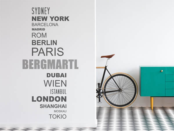 Wandtattoo Bergmartl mit Weltstädten