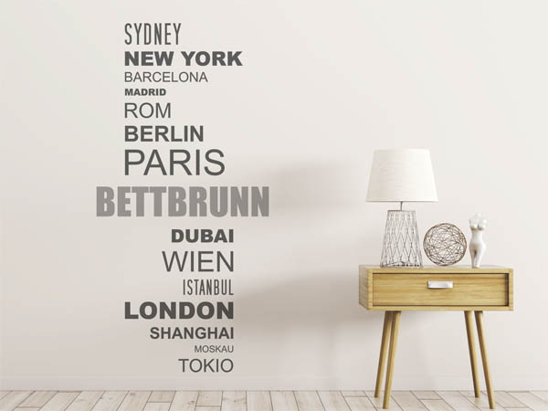 Wandtattoo Bettbrunn mit Weltstädten