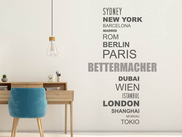 Wandtattoo Bettermacher mit Weltstädten