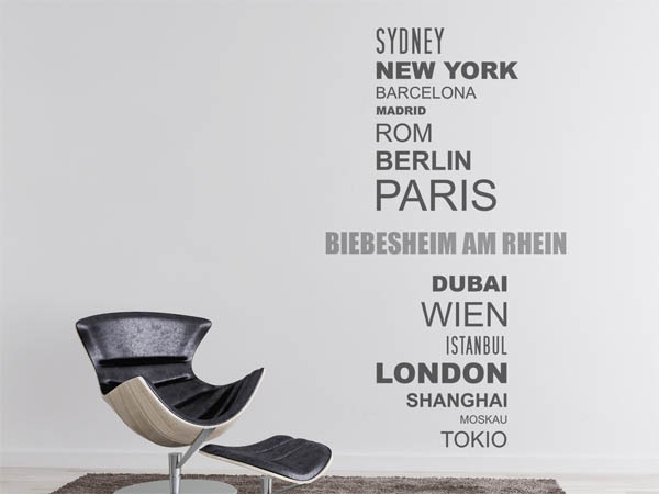 Wandtattoo Biebesheim am Rhein mit Weltstädten
