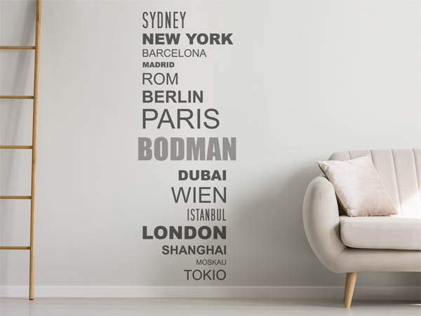 Wandtattoo Bodman mit Weltstädten
