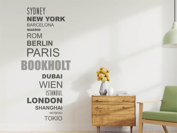 Wandtattoo Bookholt mit Weltstädten