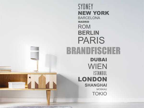 Wandtattoo Brandfischer mit Weltstädten