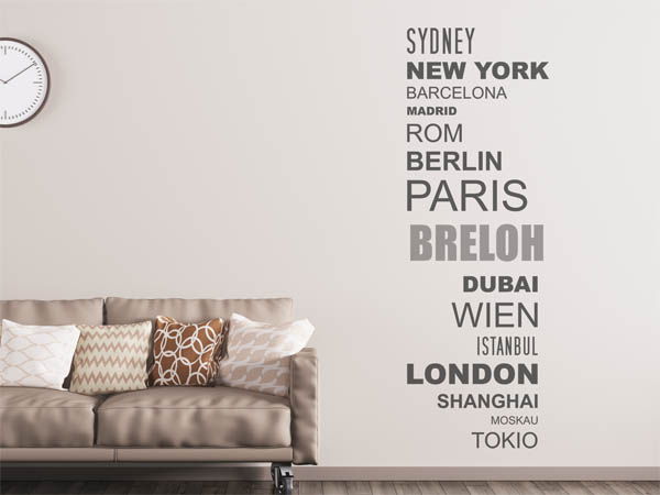 Wandtattoo Breloh mit Weltstädten