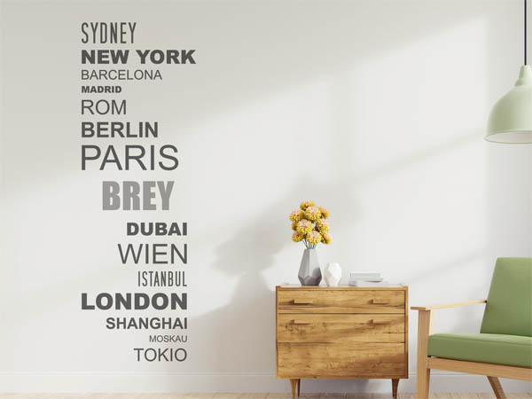 Wandtattoo Brey mit Weltstädten