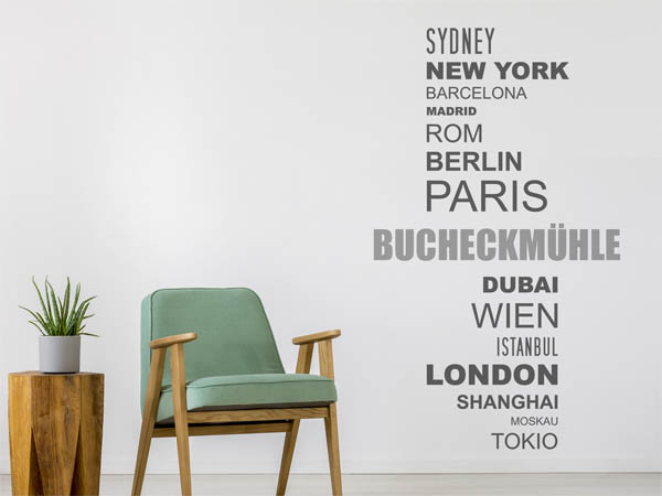 Wandtattoo Bucheckmühle mit Weltstädten