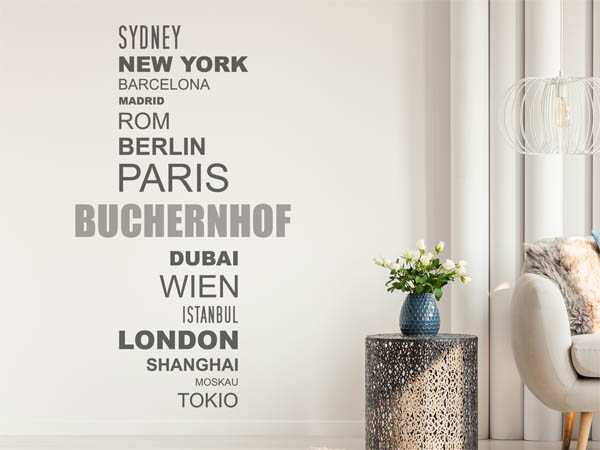 Wandtattoo Buchernhof mit Weltstädten