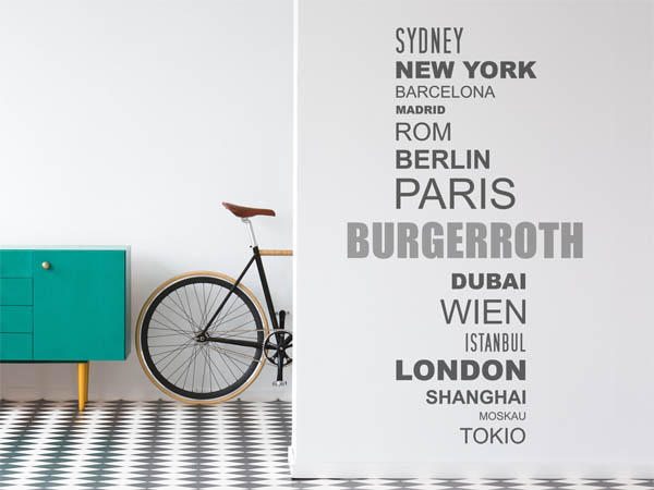 Wandtattoo Burgerroth mit Weltstädten