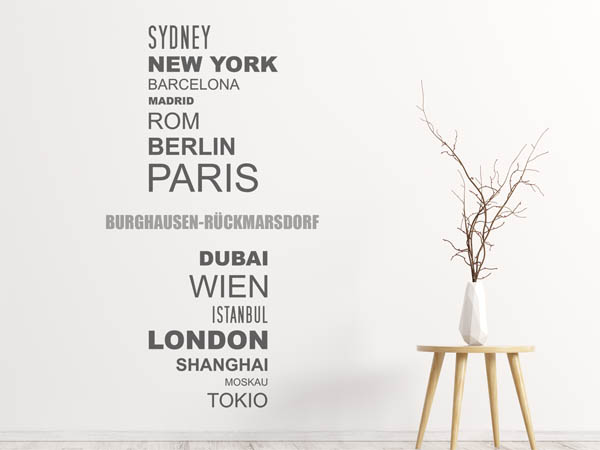 Wandtattoo Burghausen-Rückmarsdorf mit Weltstädten