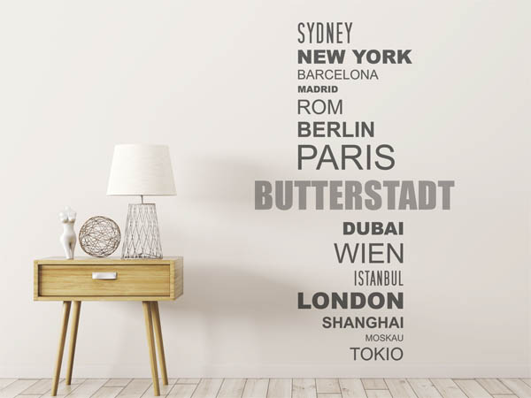 Wandtattoo Butterstadt mit Weltstädten