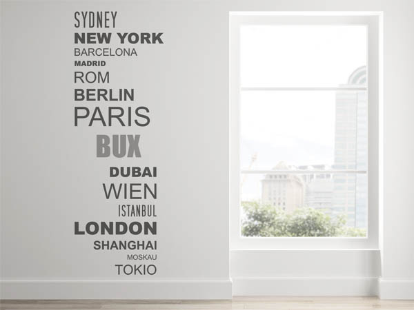 Wandtattoo Bux mit Weltstädten