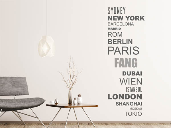 Wandtattoo Fang mit Weltstädten