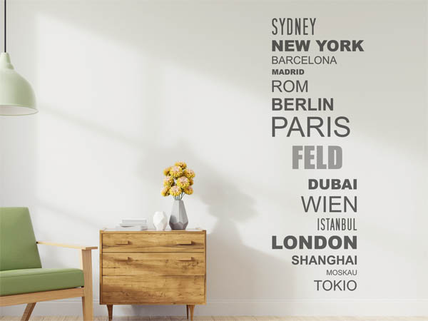 Wandtattoo Feld mit Weltstädten