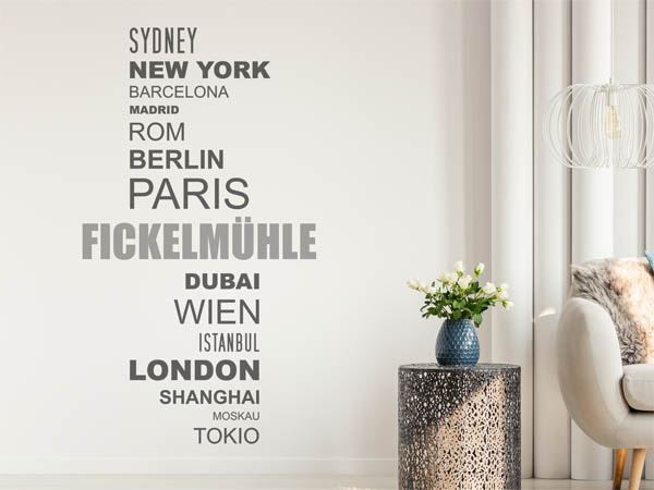 Wandtattoo Fickelmühle mit Weltstädten