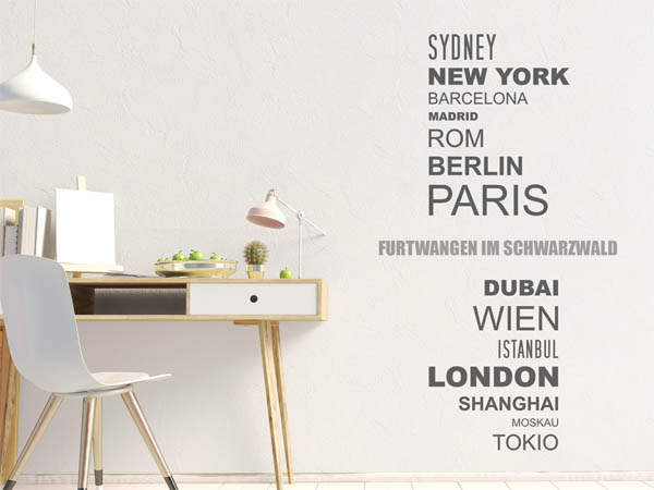 Wandtattoo Furtwangen im Schwarzwald mit Weltstädten