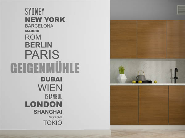 Wandtattoo Geigenmühle mit Weltstädten