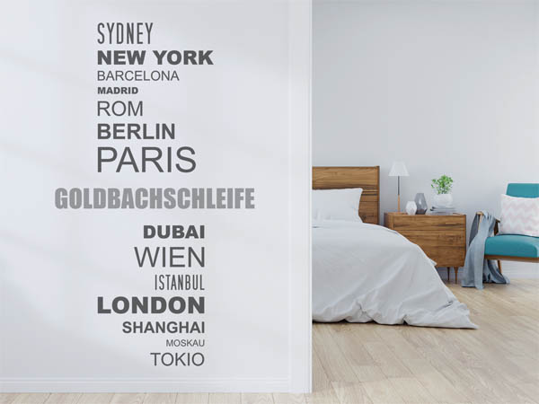 Wandtattoo Goldbachschleife mit Weltstädten