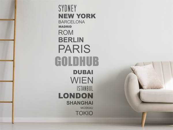 Wandtattoo Goldhub mit Weltstädten