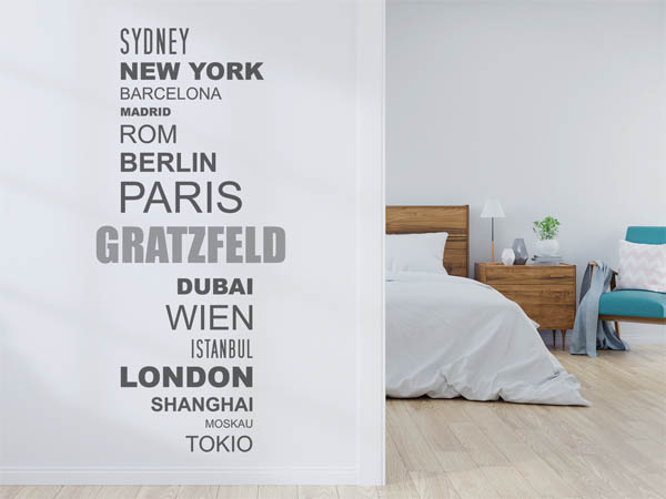 Wandtattoo Gratzfeld mit Weltstädten