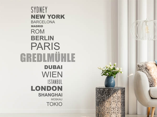 Wandtattoo Gredlmühle mit Weltstädten