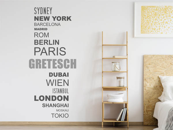 Wandtattoo Gretesch mit Weltstädten