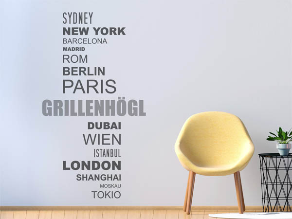 Wandtattoo Grillenhögl mit Weltstädten
