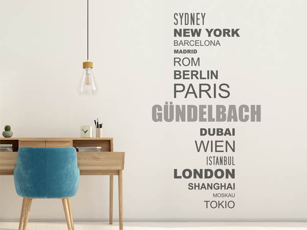 Wandtattoo Gündelbach mit Weltstädten