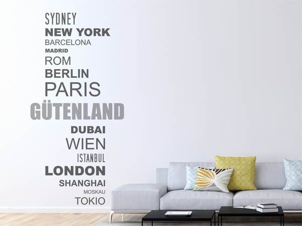 Wandtattoo Gütenland mit Weltstädten
