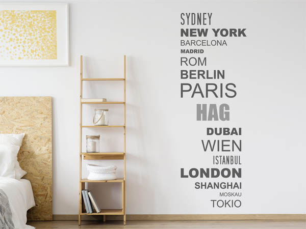 Wandtattoo Hag mit Weltstädten