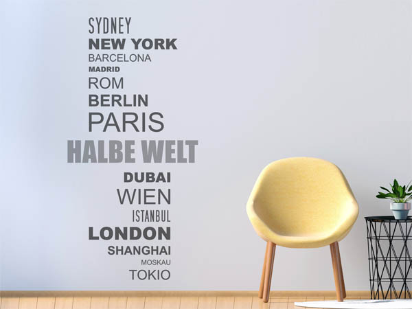 Wandtattoo Halbe Welt mit Weltstädten