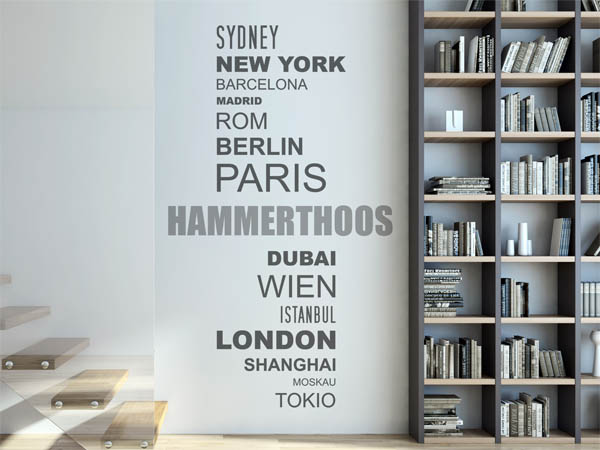 Wandtattoo Hammerthoos mit Weltstädten