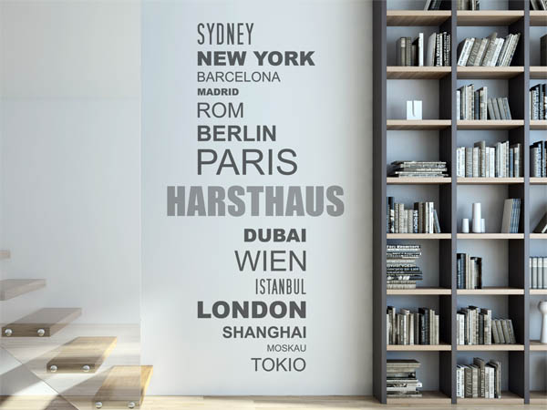 Wandtattoo Harsthaus mit Weltstädten