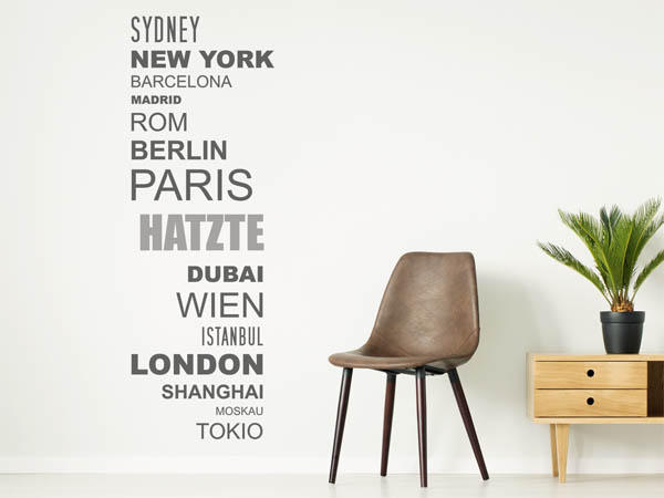 Wandtattoo Hatzte mit Weltstädten
