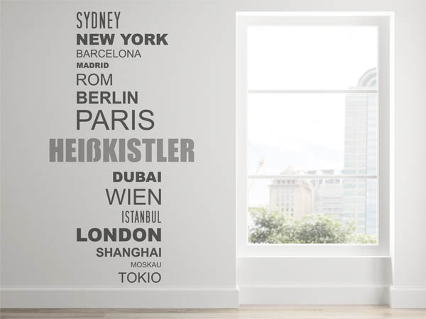 Wandtattoo Heißkistler mit Weltstädten