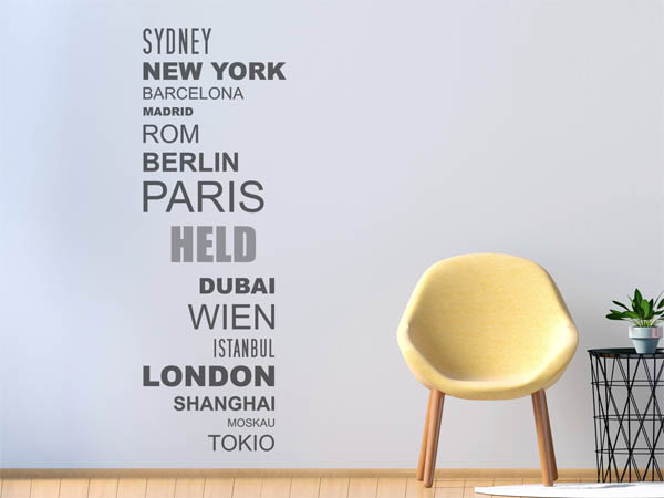 Wandtattoo Held mit Weltstädten
