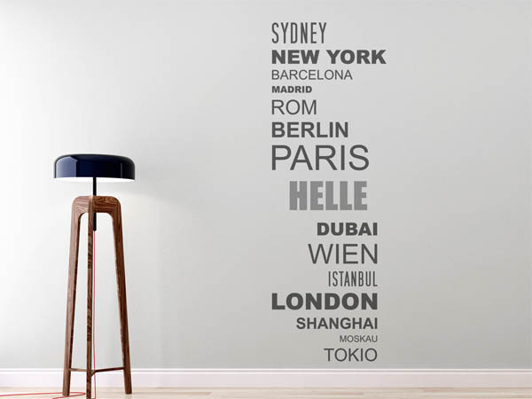 Wandtattoo Helle mit Weltstädten