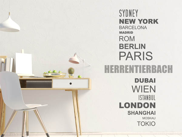 Wandtattoo Herrentierbach mit Weltstädten