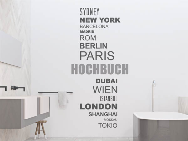 Wandtattoo Hochbuch mit Weltstädten
