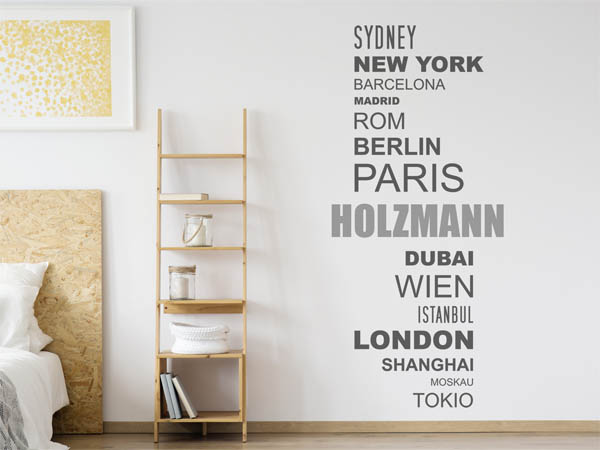 Wandtattoo Holzmann mit Weltstädten