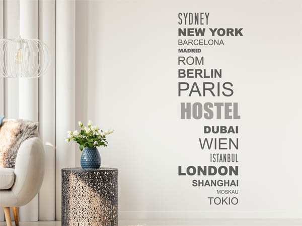 Wandtattoo Hostel mit Weltstädten