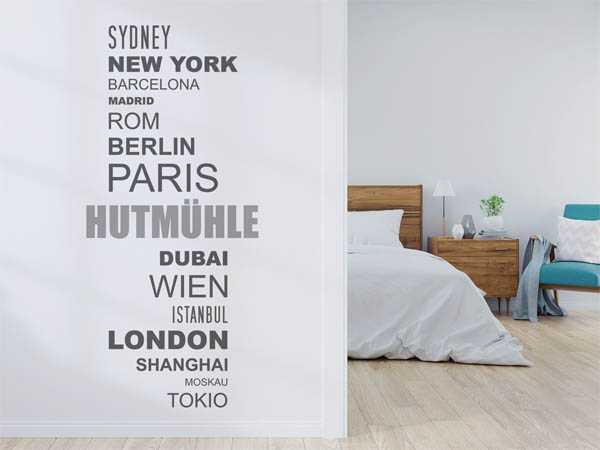 Wandtattoo Hutmühle mit Weltstädten
